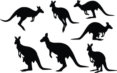 Kangaroo silhouette set featuring standing, hopping, and crouching poses with joey details and strong anatomy for wildlife design use