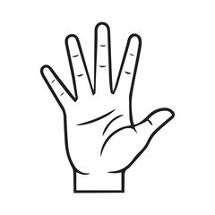 Obraz premium Black and white line art icon of an open hand showing five fingers isolated on white background