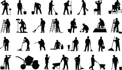 Construction worker silhouettes, labor poses, building industry, manual work, tools, teamwork, heavy equipment, safety, infrastructure, engineering, industrial job, workforce diversity