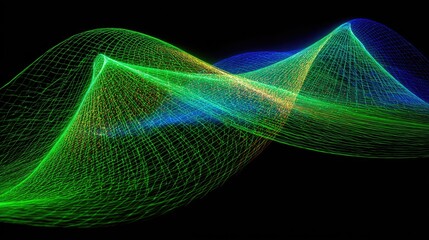 Abstract, glowing, multicolored, wireframe, wavy lines on black background