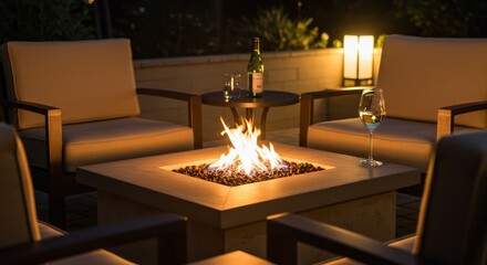 Evening relaxation: Fire pit, comfortable seating, and wine for outdoor enjoyment