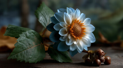 Soft Blue and White Dahlia with Acorns on a Stone Table