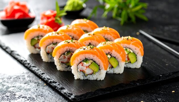 Fresh sushi rolls on a slate plate