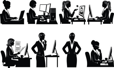 Office woman silhouette set, black, typing, reading, video call, thinking poses with desk setups, vector, isolated work bundle