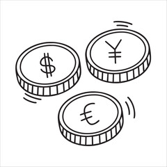 illustration of dollar, euro, and yen coins, hand drawn doodle