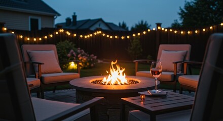 Charming evening fire pit gathering with wine and comfortable seating ambiance