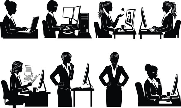 Office woman silhouette set, black, typing, reading, video call, thinking poses with desk setups, vector, isolated work bundle