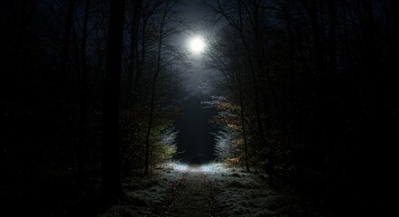 Eerie moonlight paints a trail through a winter forest landscape at night