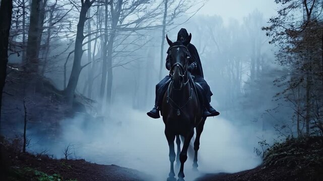 A mysterious hooded figure rides a dark horse through a foggy forest, evoking a sense of adventure and intrigue. The shadowy silhouette enhances the enigmatic atmosphere.