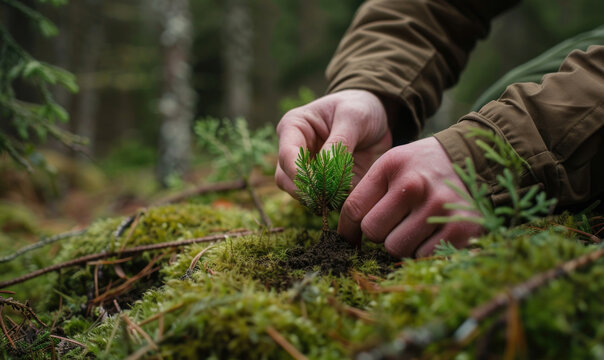Volunteers planting young trees in a lush forest during a community conservation event