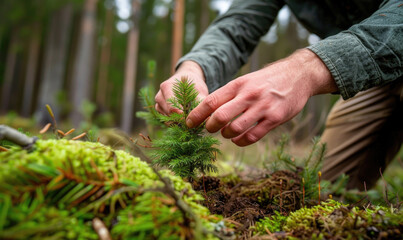 Caring for young spruce tree during reforestation efforts in a forested area