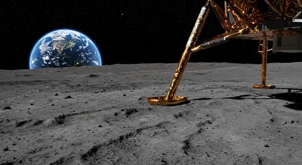 Lunar lander module on the moon's surface with Earth visible in the background. Space exploration and cosmic discovery concept.