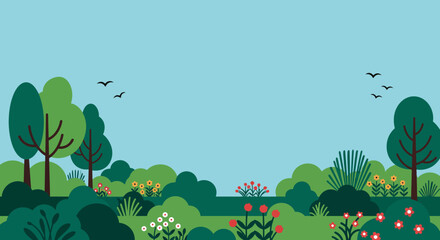 Vibrant cartoon landscape with lush greenery and clear blue sky