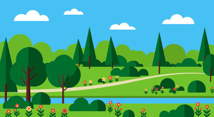 Vibrant cartoon landscape with trees river and clouds in a park setting