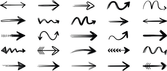 Hand drawn arrows, sketch style, doodle direction icons, curved, zigzag, looped, bold, design elements, navigation, infographic, creative symbols