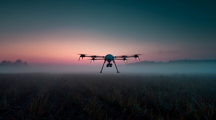 Fototapeta premium Agrodron performing autonomous flight above cultivated field, utilized for real-time mapping and precision crop treatment.