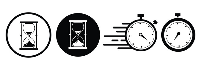 Set of colorful hourglasses vector icons. Sandglass timer symbol for passage of time, deadline, and countdown. Simple flat cartoon illustration of sand clock collection