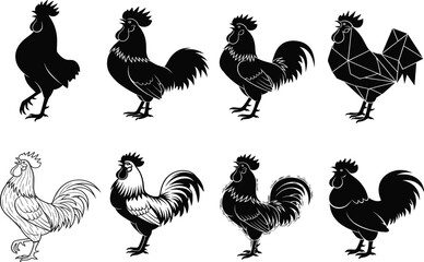 Rooster illustration set featuring eight artistic styles from abstract to realistic for decorative, educational, and character design use