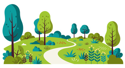 Naklejka premium Lush green landscape with winding path and diverse trees and bushes