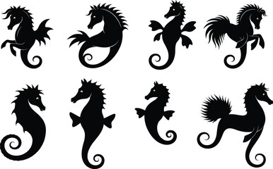 Seahorse silhouette set featuring fantasy-inspired anatomy, curled tails, and aquatic elegance for marine design, education, and character illustration use