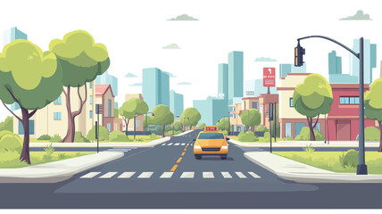 A digital illustration depicting a city street scene in a cartoonish style. The scene features a yellow taxi cab driving down a road with crosswalks.  Buildings of varying heights, including