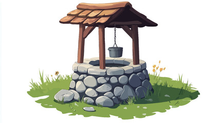 Digital illustration of a rustic stone well. The well is constructed of grey stones, with a wooden cover and a wooden frame. A rope and bucket are visible hanging inside the well. 