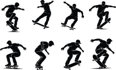 Skateboarder silhouette set, black, dynamic trick poses, mid-air stunts, vector, isolated, sports bundle, motion icons