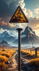 A desolate path through a mountainous landscape.  A warning sign hangs above