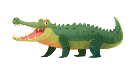 A digital illustration of a cartoon crocodile. The crocodile is depicted in a playful, friendly style, with bright green and yellow-green coloring, simple shapes, and exaggerated features. Its