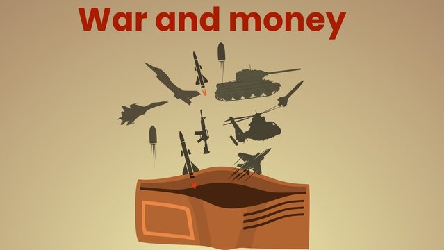 War and Money: A poignant visual narrative showing war machines escaping from a wallet. Reflecting the financial impact and outflow of resources to conflict.