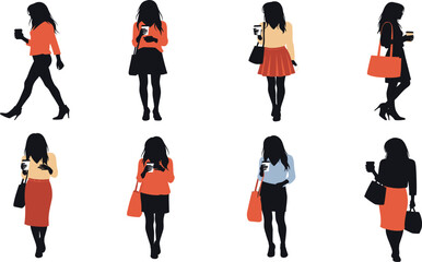 Stylish woman silhouette set, black, casual poses with coffee cups, modern outfits, vector, isolated fashion and lifestyle bundle