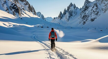: Winter Hiking With Snowshoes Amidst Icy Peaks and Crisp Mountain Light