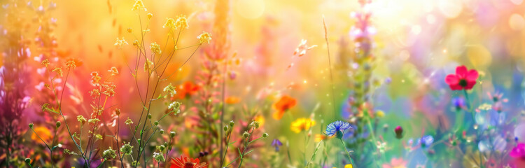 Fototapeta premium Colorful wildflower meadow blooms in springtime sunlight with vibrant hues and soft focus background for a serene atmosphere