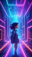 A digital illustration of a girl in a vibrant neon tunnel
