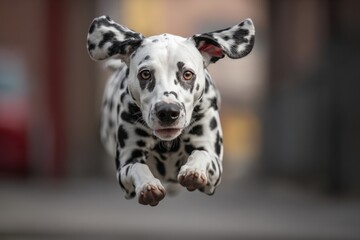energetic dalmatian dog in motion leap looking at camera determined eyes city blur background portrait concept of dog agility concept of animal health concept of active living campaign
