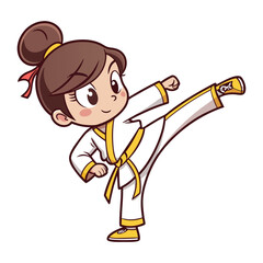 Karate girl performing a high kick in a minimal flat design vector illustration