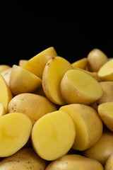 Fresh Raw Potatoes Cut In Half Close-Up Macro View.