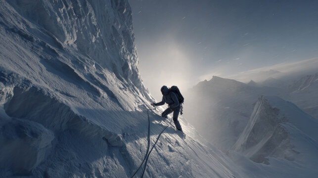 alpinist climbing a snowy mountain