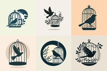 vector illustration set of birds in cages