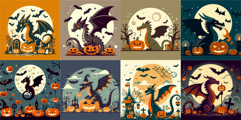 halloween dragon set vector illustration