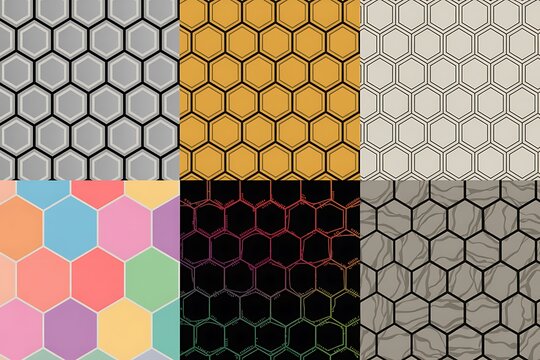 Six Hexagonal Geometric Patterns in Different Color Palettes and Styles aaaa
