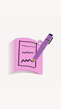 Business branding marketing concept animated pink notebook pen writing vertical video. Study school supplies animated pink notebook pen writing notetaking vertical video.
