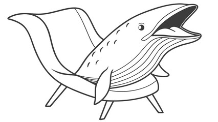 Artistic line drawing of a whale-shaped chair with an open mouth and four legs, creating a whimsical design