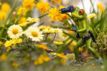 Photographer frog takes photos of flowers 