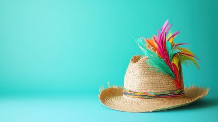 Colorful Straw Hat with Vibrant Feathers on Teal Background