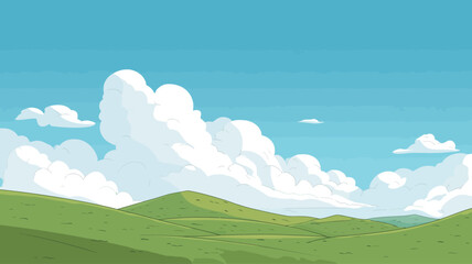 A digital illustration depicting a landscape of rolling green hills under a bright blue sky filled with large, fluffy white cumulus clouds. The style is cartoonish or stylized, with smooth