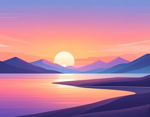 Pixel Art Landscape with Violet Mountains Orange Sky and Reflective Water at Sunset in a Peaceful Scene with Tranquil Atmosphere