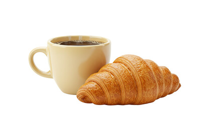 A freshly baked croissant and a cup of coffee.