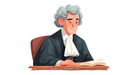 A digital illustration depicts a senior judge sitting at a desk in a courtroom setting. The judge, depicted in a cartoon style, wears a dark green robe and a white wig. They are seated and appear