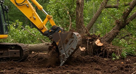 Powerful yellow excavator digs into earth removing trunk roots in construction